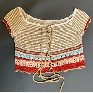 Altard State Sz Small Crochet Crop Pullover Top Tie Front Beige Rust Pink Blue